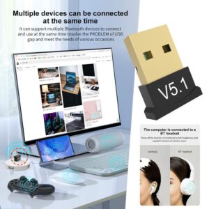 USB 5.1 Wireless Bluetooth Adapter USB Dongle for PC Laptop | Multi-Device Audio Receiver/Transmitter, Plug Play, Gold-Plated, Low Energy device.