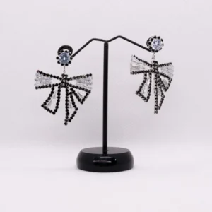 Korean Style Silver Ribbon Bow Drop Earrings - Elegant Rhinestone Ear Studs for Women and Girls - Versatile Statement Jewelry for Wedding and Everyday Glamour