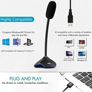 Wired USB Microphone with 360° Adjustable Gooseneck, Noise-Canceling Technology, Plug & Play, Compatible with PC & windows, MacOS Laptops