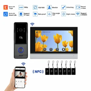 Video intercom Tuya Smart VDP-27-TS touch screen monitor kit with NFC cards and smartphone app interface