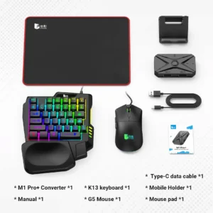 Gaming converter full esports combo package layout displaying the M1 Pro Plus mobile adapter block alongside an RGB K13 mechanical one handed keypad a G5 optical mouse an adjustable holder stand a Type C connection cable and a red stitched mouse pad
