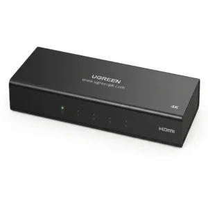 Premium ugreen hdmi splitter switch pakistan package unboxing showing the gray aluminum alloy 1 in 4 out distributor box displaying an active connection to four screen outputs simultaneously for smart streaming and console mirroring
