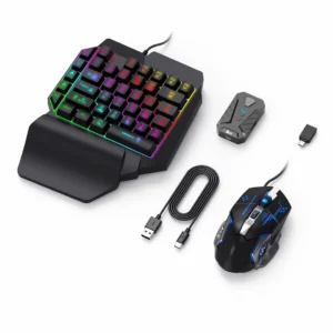 Premium gaming converter accessory bundle laid out on a clean backdrop showing the K15 mechanical single hand keyboard with dynamic RGB lighting next to an ergonomic multi button mouse a braided USB data wire a hardware console adapter box and a compact Type C connector adapter piece