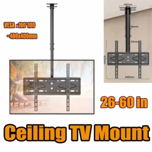 Black adjustable ceiling TV mount bracket for 26-60 inch screens with VESA sizes from 100x100mm to 400x400mm, available for fast delivery in lahore islamabad karachi