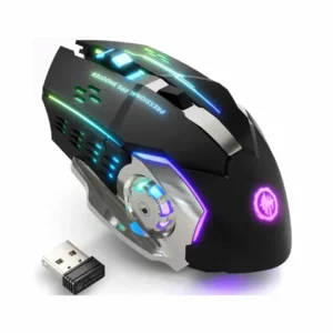 Ergonomic mechanical wireless RGB mouse labeled Professional FPS Shooter next to its compact USB wireless nano receiver dongle, featuring dynamic colorful backlit breathing lights on a clean white background.
