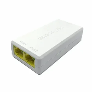 White 2-port PoE extender splitter and repeater showing two yellow RJ45 output ports labeled PoE1 and PoE2 for security camera installation.