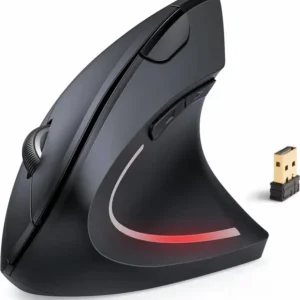 Side view of an ergonomic wireless vertical mouse featuring a red LED accent strip next to its USB receiver