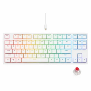 A top-down product view of a white, tenkeyless (TKL) layout mechanical keyboard against a plain white background. The keyboard features clean white keycaps lit up from underneath by a vibrant, multi-colored RGB rainbow gradient. A white USB-C cable is connected and oriented straight up at the top center of the keyboard. Positioned to the bottom right of the keyboard is a standalone Gateron Red mechanical switch with a red stem and transparent housing.