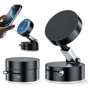 T-9203 vacuum magnetic phone holder mounted on car dashboard with 360 degree adjustable mobile stand for iPhone and Android phones