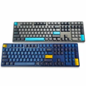 Nautilus KT108 mechanical keyboard variants in grey-cyan and blue-yellow color schemes