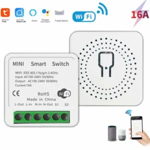 Mini Smart Light Switch – 16A Tuya WiFi Hidden Relay Module working with Smart Life, Alexa, and Google Assistant.