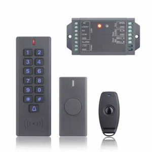 Complete Wireless Access Control Keypad kit featuring a digital RFID pin code reader, wireless controller hub, internal exit button, and remote keyfob, available with delivery across Pakistan via Dotbox.pk.