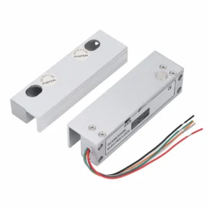 Premium 12V electric glass door lock with a heavy-duty aluminum alloy drop bolt mechanism designed for frameless glass door access control systems.
