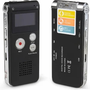 Front and back view of the sleek 8GB digital voice recorder showcasing the LCD display, physical control buttons, and dual speaker design.