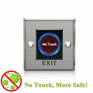 Infographic for a No Touch Stainless Steel Exit Button highlighting its hygienic benefits with a red 'No Virus' icon and "No Touch, More Safe!" text, suitable for hospitals and offices across Pakistan.