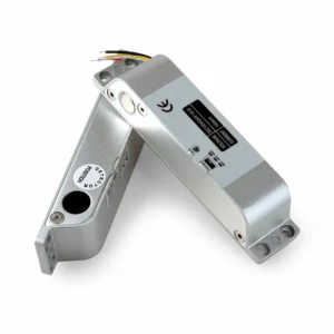Electric Drop Bolt Lock hardware casing displaying the integrated time delay indicator switch and detector position alignment sensor
